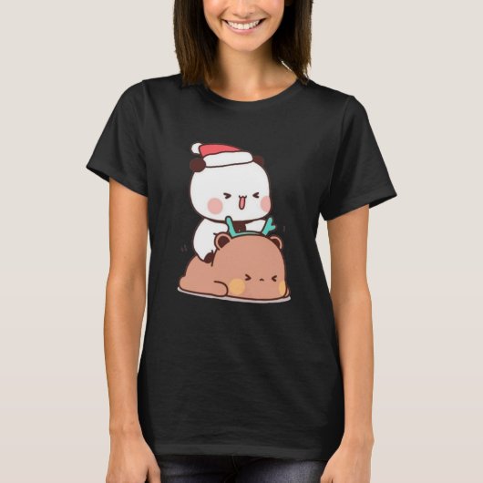 Panda En Brownie Beer Paar, Vrolijk Kerstfeest T-shirt (Voorkant)