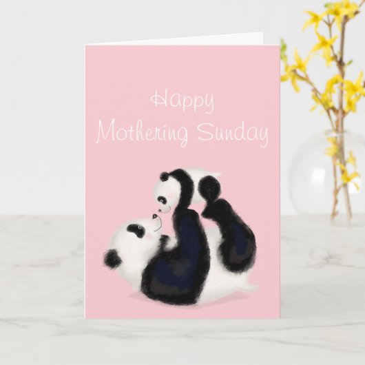 Panda en cub Mothering Sunday card (roze) Kaart (Gele Bloem)