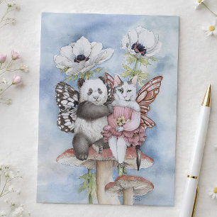 Panda en kat fee vrienden met anemoon bloemen briefkaart