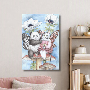 Panda en kat feeënvrienden met anemoonbloemen canvas afdruk