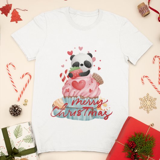 Panda en roze cupcake | Eigen kerstvrouwen T-shirt