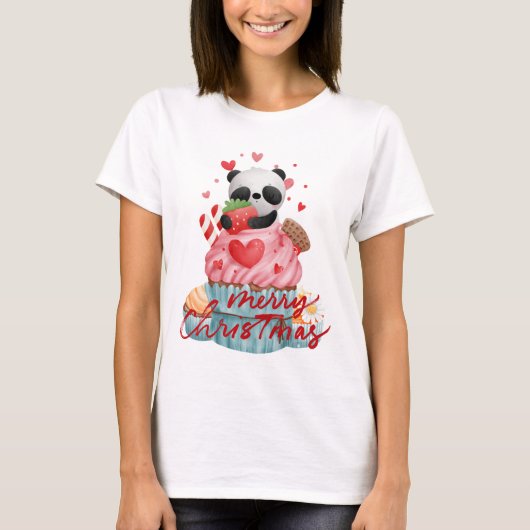Panda en roze cupcake | Eigen kerstvrouwen T-shirt (Voorkant)