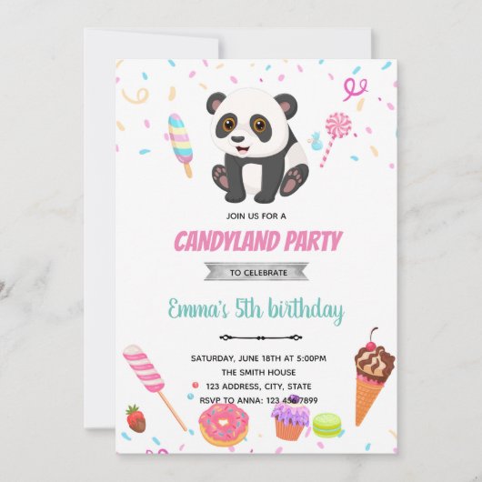 Panda en snoep thema Uitnodiging (Voorkant)