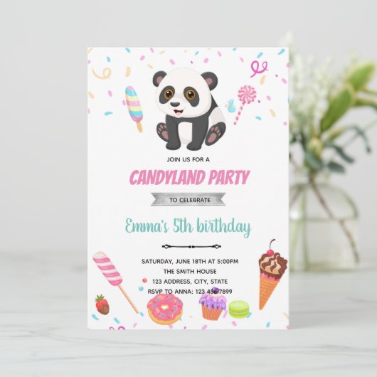 Panda en snoep thema Uitnodiging (Staand voorkant)
