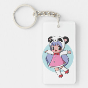 Panda Engel: Schattig Anime Meisje dat Hoog Zweeft Sleutelhanger