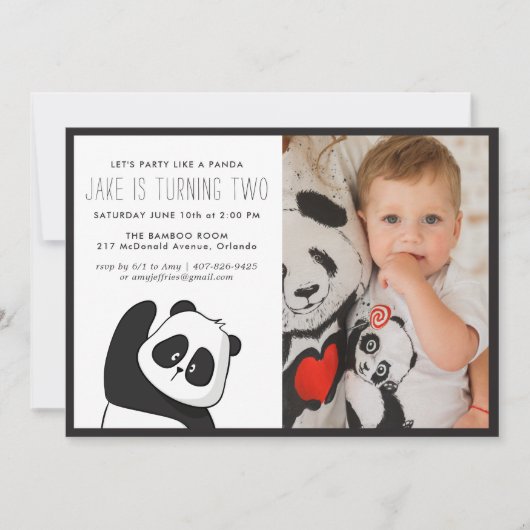 Panda Feestje | Monochroom & Foto Uitnodiging (Voorkant)