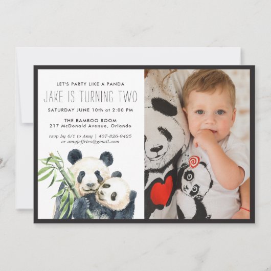 Panda Feestje | Monochroom & Foto Uitnodiging (Voorkant)
