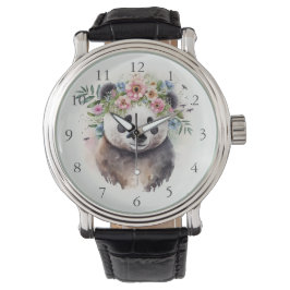 Panda Flowers Watercolor              Horloge
