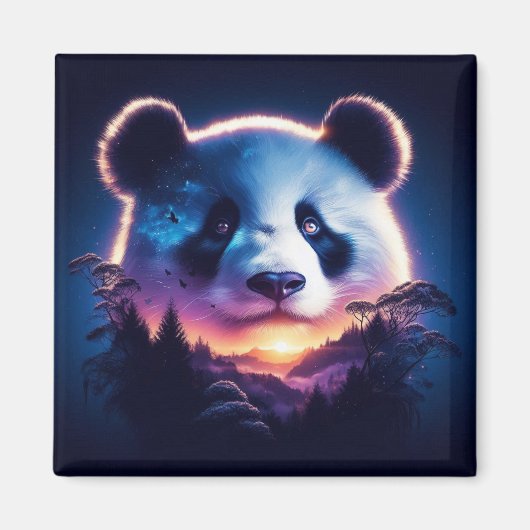 Panda Gezicht met surrealistisch bos en zonsonderg Magneet (Voorkant)