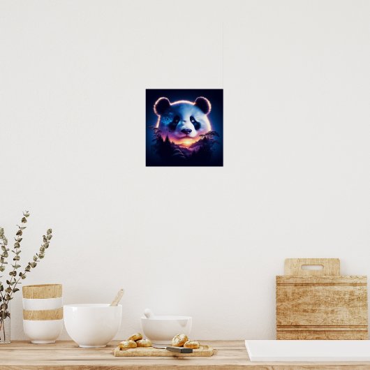 Panda Gezicht met surrealistisch bos en zonsonderg Poster (Keuken)