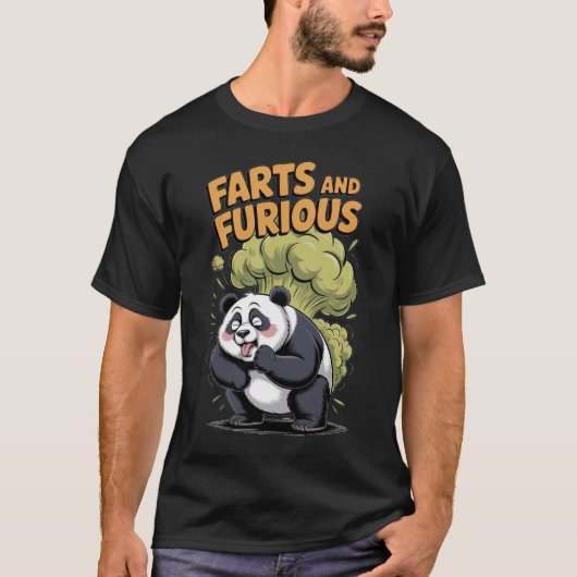 Panda has Fun making Fart on a Black T-shirt (Voorkant)