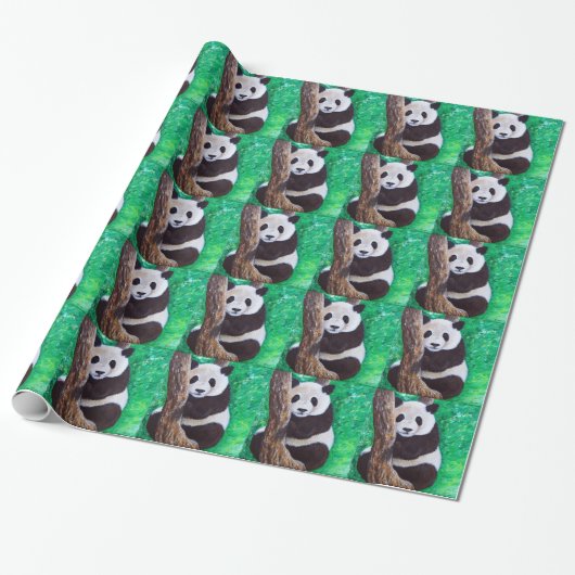 Panda in een boomschilderij cadeaupapier (Uitgerold)