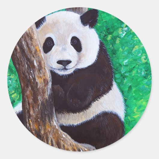 Panda in een boomschilderij ronde sticker (Voorkant)