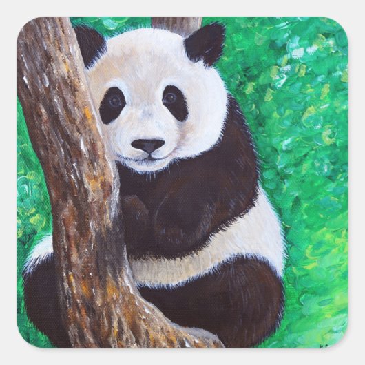 Panda in een boomschilderij vierkante sticker (Voorkant)