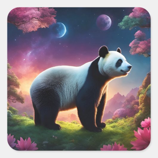 Panda in een Fantasy Garden Vierkante Sticker (Voorkant)