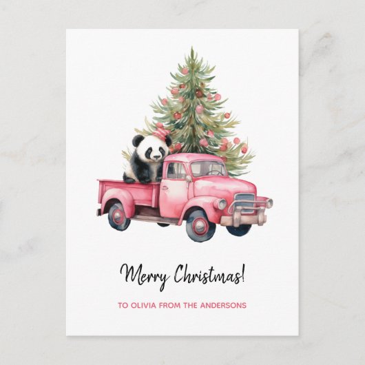 Panda in Retro Roze Vrachtwagen Kerstboom Feestdagenkaart (Voorkant)