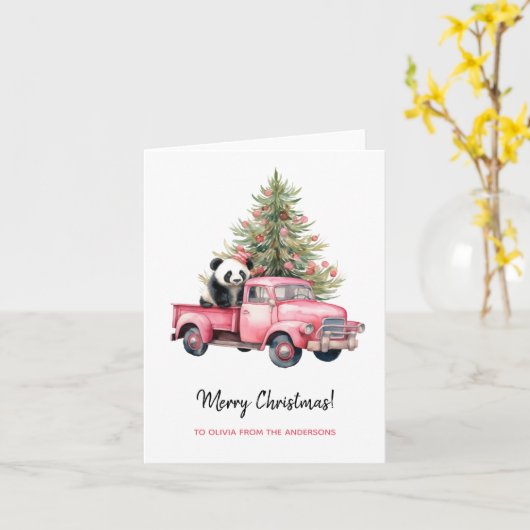 Panda in Retro Roze Vrachtwagen Kerstboom Kaart (Gele Bloem)
