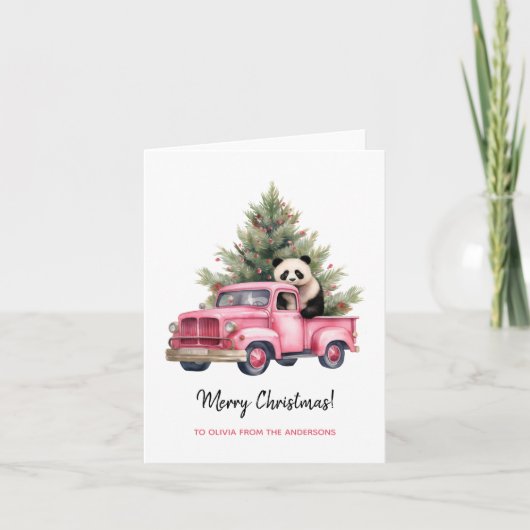 Panda in Roze Vrachtwagen Kerst Kaart (Voorkant)
