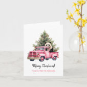 Panda in Roze Vrachtwagen Kerst Kaart (Gele Bloem)