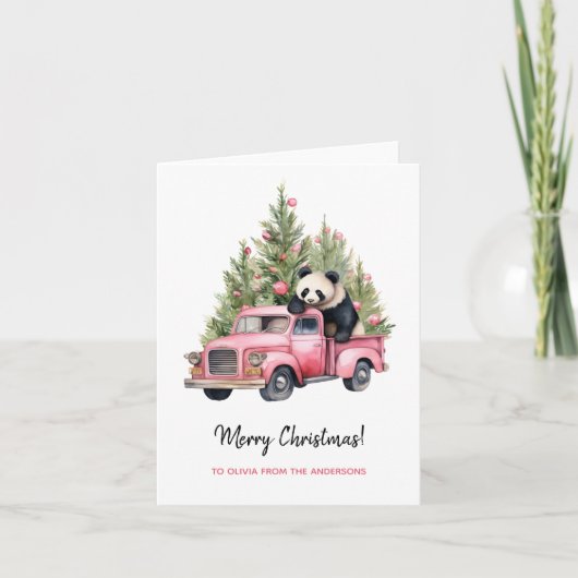 Panda in Roze Vrachtwagen Kerstbomen Kaart (Voorkant)