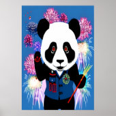 Panda in uniform en vuurwerk | AI Art Poster (Voorkant)