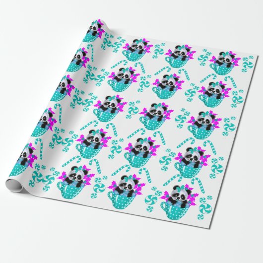 Panda Kerst Blauwgroen inpakpapier (Uitgerold)