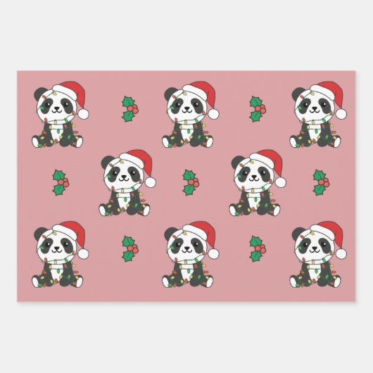 Panda Kerstmis Winter Dieren Vakantie Panda's Inpakpapier Vel (Voorkant 3)