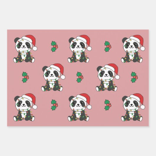 Panda Kerstmis Winter Dieren Vakantie Panda's Inpakpapier Vel (Voorkant)