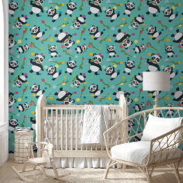 Panda kleurrijke polka dot patroon blauwgroen acht behang