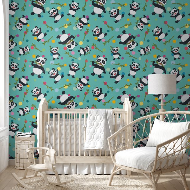 Panda kleurrijke polka dot patroon blauwgroen acht behang (Kinderen)