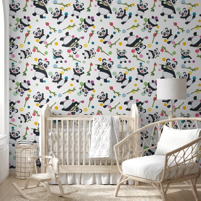 Panda kleurrijke polka dot witte peel en stick behang (Kinderen)