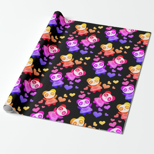 Panda Love Cosmic Space Rainbow Heart Cadeaupapier (Uitgerold)