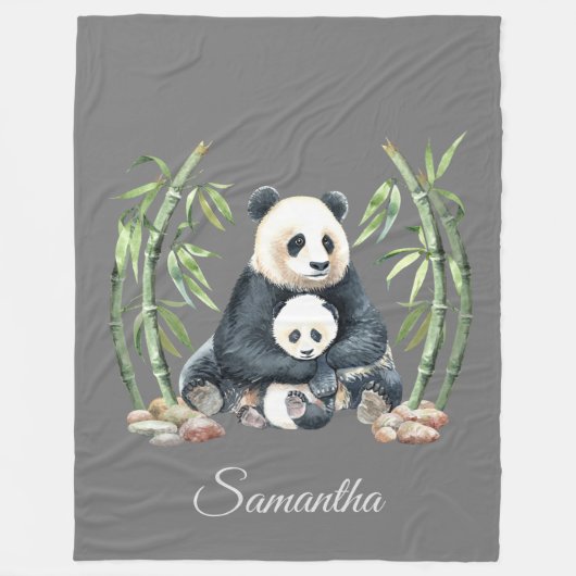 Panda mama en baby gepersonaliseerd grijs fleece deken (Voorkant)