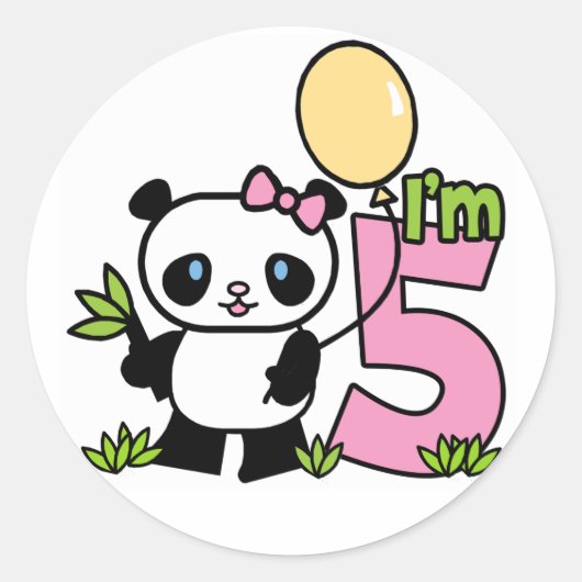 Panda meisje 5e verjaardag ronde sticker (Voorkant)