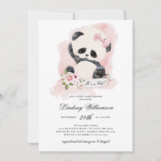 Panda Meisje Baby shower Kaart (Voorkant)