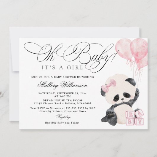 Panda Meisje Baby shower Uitnodiging (Voorkant)