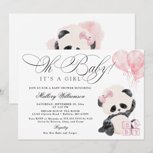 Panda Meisje Baby shower Uitnodiging (Voorkant / Achterkant)