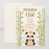 Panda met bamboe en taart 1e verjaardag kaart (Voorkant / Achterkant)