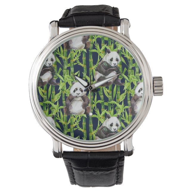 Panda met Bamboe Waterverf Patroon Horloge (Voorkant)