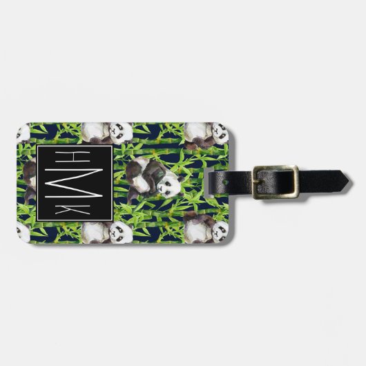 Panda met Bamboe Waterverf Patroon | Monogram Bagagelabel (Voorkant horizontaal)
