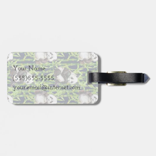 Panda met Bamboe Waterverf Patroon | Monogram Bagagelabel (Achterkant horizontaal)
