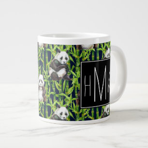 Panda met Bamboe Waterverf Patroon   Monogram Grote Koffiekop