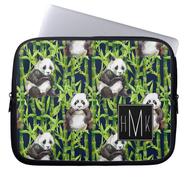 Panda met Bamboe Waterverf Patroon | Monogram Laptop Sleeve (Voorkant)