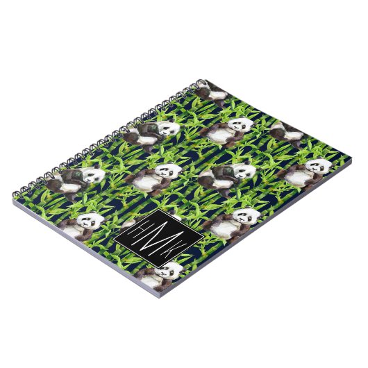 Panda met Bamboe Waterverf Patroon | Monogram Notitieboek (Linkerzijde)