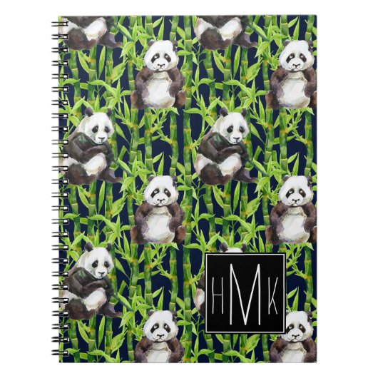Panda met Bamboe Waterverf Patroon | Monogram Notitieboek (Voorkant)
