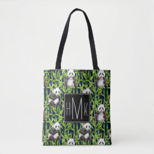 Panda met Bamboe Waterverf Patroon   Monogram Tote Bag