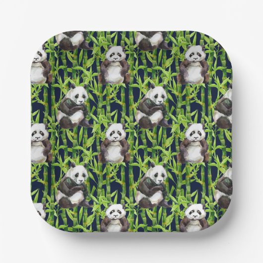 Panda met Bamboe Waterverf Patroon Papieren Bordje (Voorkant)
