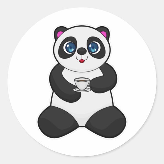 Panda met beker koffie ronde sticker (Voorkant)
