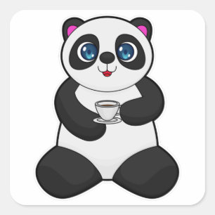 Panda met beker koffie vierkante sticker