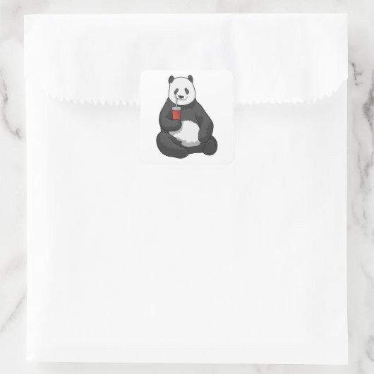 Panda met Drink Vierkante Sticker (Tas)
